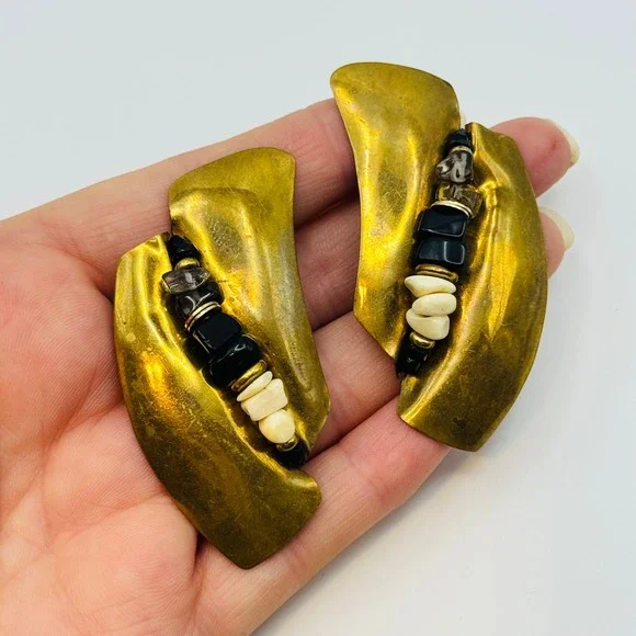 VTG Brutalist Brass Earrings Textured runway statement Pierced Modernist Artisan - Picture 3 of 5